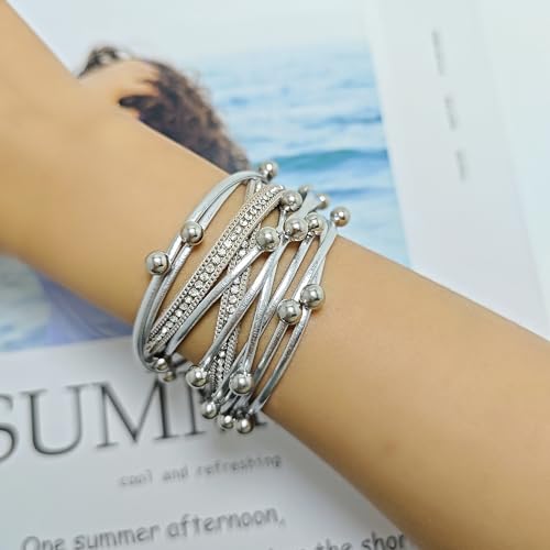 ZMANYIJEW Leather Wrap Bracelets for Women,Boho Cuff Bracelets Multi-Layer Crystal Beads Cuff Bracelet Multilayered Leopard Leather Braided Bangle Wrist Cuff Bangles - style: bead-silver