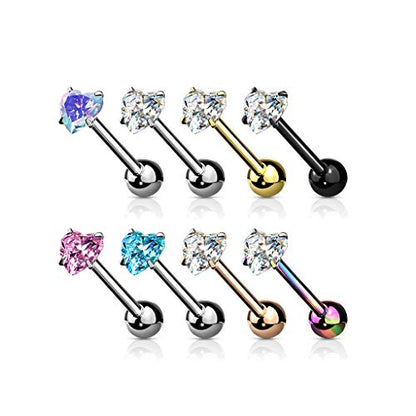 14 Gauge Prong Set Heart CZ 316L Surgical Steel Barbell Tongue Rings (Choose Color) - color: Pink