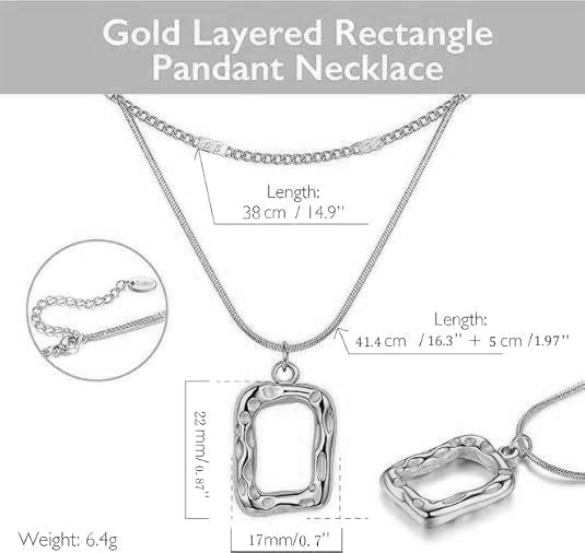Evabelle Gold Layered Necklace for Women Trendy Jewelry 14K Real Gold Plated Chunky Chain Stackable Necklaces Dainty Choker Necklaces Rectangle Square Pendant - color: Silver Necklace 01