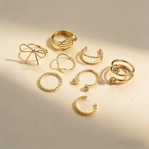 Chunky Gold Rings for Women Non Tarnish, Baroque Pearl Flower Tiger's Eye Stone Rings Adjustable Stacking Statement Rings Set Fashion Jewelry Gifts - style: Small diamond/Bow_gold