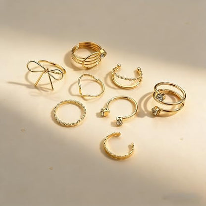 Chunky Gold Rings for Women Non Tarnish, Baroque Pearl Flower Tiger's Eye Stone Rings Adjustable Stacking Statement Rings Set Fashion Jewelry Gifts - style: Small diamond/Bow_gold