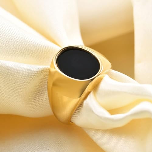MYNENEY Stainless Steel Round Statement Pinky Signet Rings for Men Women - color: Gold+Black