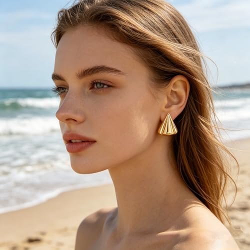 Gold Statement Earrings For Women, 14K Gold Plated Textured Geometric Drop Earrings - Hypoallergenic Stainless Steel Statement Earrings for Women, Waterproof Fan-Shaped Dangle Earrings for Beach & Daily Wear - color: Triangle DKE252101GL