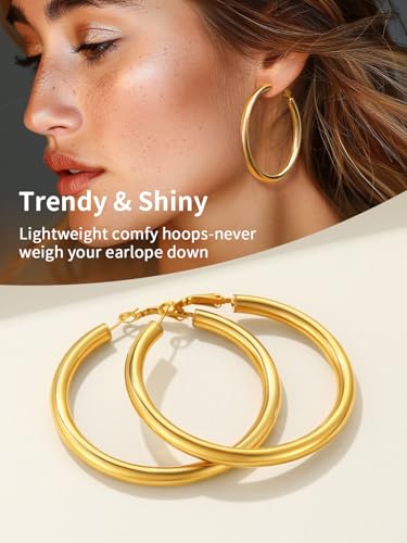 FindChic Hoop Earrings for Women, Silver/Black/14K Gold Plated Hypoallergenic Hollow Round Tube Loop Earrings, 20mm/30mm/40mm/60mm/80mm Chunky Hoops with Custom Name Options & Gift Box - color: c.Gold, size: 60MM