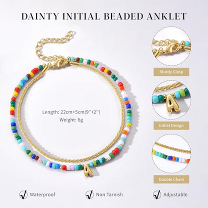 KissYan Initial Ankle Bracelets for Women | Layered Colorful Beaded Anklet with 14K Gold Chain, Waterproof Dainty Jewelry Gift for Summer Beach - style: S