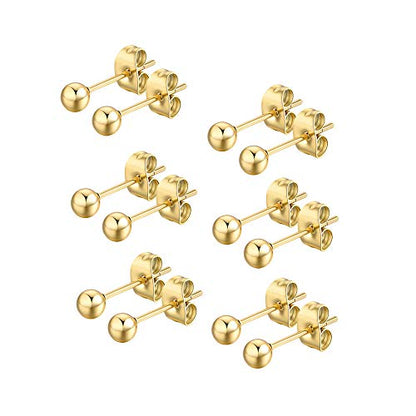 FOSIR 6 Pair Tiny Women 14K Gold Plated Ball Stud Earrings Surgical Stainless Steel Earrings Set, 2-6MM - style: 6 pair diameter,4mm