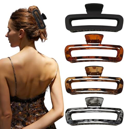 5 Inch Large Hair Claw Clips, No Slip Matte & Glossy Unbreakable Square XL Hair Clips for Thick Long Curly Hair, Women's Big Rectangle Strong Clips, 4 Pack - color: A6 5 inch