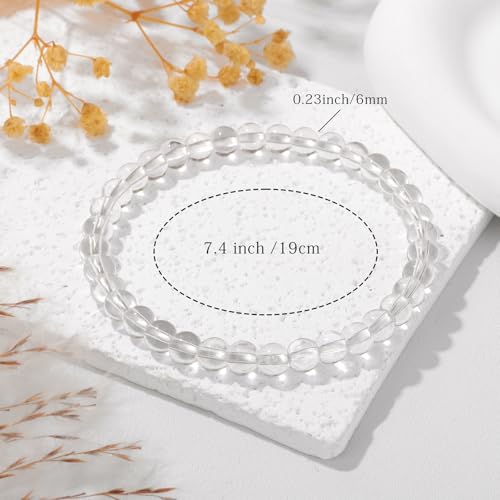 Crystal Beaded Bracelets for Women 4mm Clear Quartz Bead Handmade Gemstone Stretch Elastic Bracelet Natural Stone Crystal Healing Reiki Spiritual Jewelry Gifts - color: Clear Quartz, size: 6mm