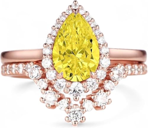 Vintage Pear Cut White Yellow Pink Green Blue Moissanite and Diamond Bridal Set 14K Rose Gold Halo Moissanite Engagement Wedding Set Promise Ring for Her Christmas Gift For Wife By SHREESHYAMJEWELLS - color: Yellow Moissanite