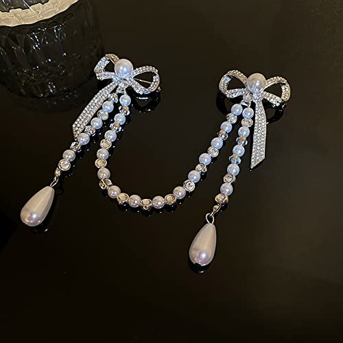 Suits Pearl Double Bow pearl Chain Brooch Pearl-Crystal Anti-exposure bowknot tassel brooch for girls and women