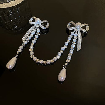 Suits Pearl Double Bow pearl Chain Brooch Pearl-Crystal Anti-exposure bowknot tassel brooch for girls and women