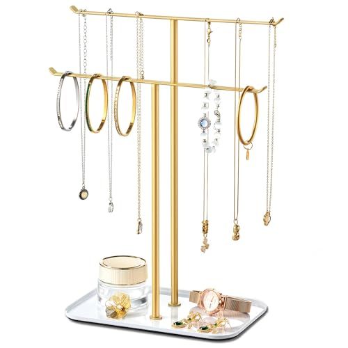 pickpiff Necklace Holder Jewelry Organizer Stand – 2‑Tier T‑Bar Jewelry Display Tree with Tray for Countertop Necklace Bracelet Earring Storage, Vanity Dresser Bathroom Sink, Gold - color: Gold