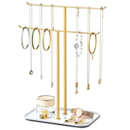 pickpiff Necklace Holder Jewelry Organizer Stand – 2‑Tier T‑Bar Jewelry Display Tree with Tray for Countertop Necklace Bracelet Earring Storage, Vanity Dresser Bathroom Sink, Gold - color: Gold