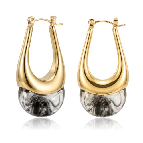 18K Gold Dangle Earrings for Women Vintage Acrylic Resin Earring | Trendy Chunky Hollow Hoop Earrings, Lightweight Drop Hoops Jewelry for Sensitive Ears, Stocking Stuffer Gift for Wife - color: Black