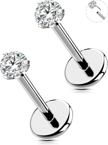 OUFER 2PCS Nose Piercings, G23 Solid Titanium Threadless Nose Rings 20G, Clear Tiny CZ Nose Stud Flat Back Nose Nostril Piercing Jewelry for Women Men - size: 2mm CZ_20g 6mm