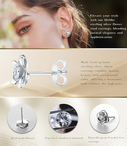 Gold Plated Sterling Silver Rose Flower Earring Studs, Hypoallergenic & Nickel Free Earrings for Women - color: White Gold Plated Silver, size: 9.0 Millimeters