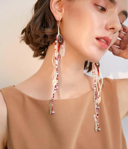 Bohemian Feather Dangle Earrings for Women with Shell Beads Long Tassel Design Drop Earrings - style: Style-Boho