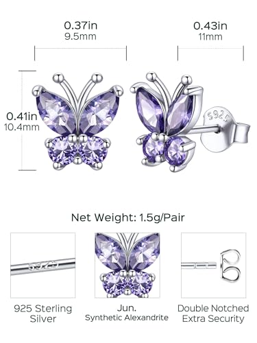 ChicSilver 925 Sterling Silver Bow/Butterfly Earrings for Women Hypoallergenic Birthstone Earrings Dainty Bow/Butterfly Jewelry Gift for Women - color: Butterfly-June-Alexandrite