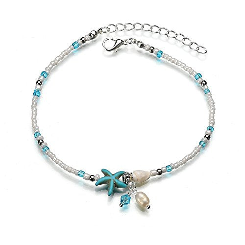 Softones Blue Starfish Turtle Anklet Multilayer Charm Beads Sea Handmade Boho Anklet Foot Jewelry for Women - style: T:Pearl
