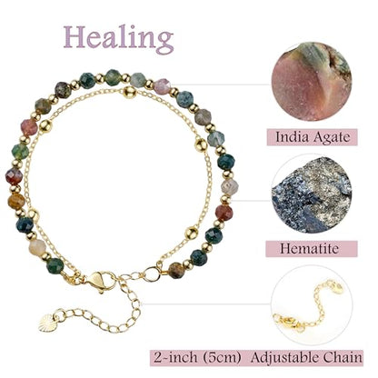 Farfume Crystal Beaded Bracelets for Women 4mm Natural Stone Jewelry Gifts | Natural Beads Gemstone,Handmade,Helper Tool,Yoga Protection,Hypoallergenic,Durability Wear - color: India Agate-Proteceion