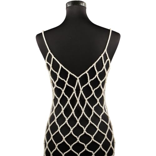Pearl Body Chain for Women White Bead Mesh Cover Up Top Shoulder Shawl Statement Necklace Jewelry Costume - color: N1400-white pearl