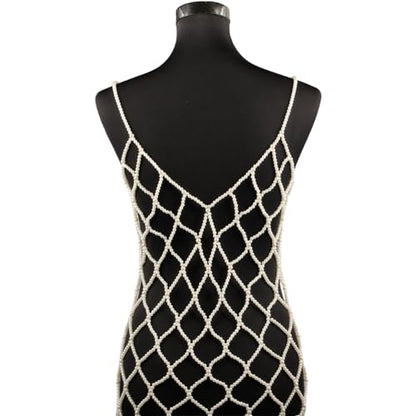 Pearl Body Chain for Women White Bead Mesh Cover Up Top Shoulder Shawl Statement Necklace Jewelry Costume - color: N1400-white pearl