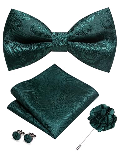 JEMYGINS Mens Paisley Bow Tie and Lapel Pin Necktie Pocket Square and Tie Clip with Sets for Business Casual 4PCS - color: Emerald Green