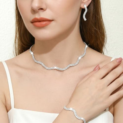 Rhinestone Bridal Jewelry Set, Choker Necklace Earrings Bracelet, Formal Wedding Prom Accessories for Women and Brides - color: silvery