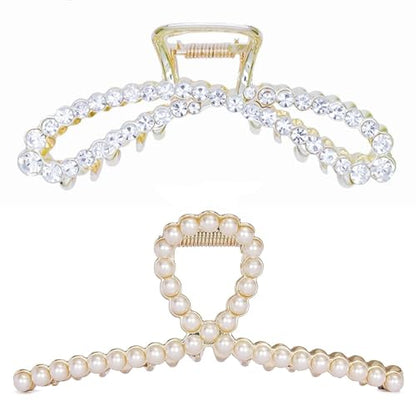 Metal Hair Clips Imitation Pearl Rhinestone Non Slip Hair Claw Clamps Barrettes Decorations for Thin Thick Hair, Crystal Bow Hairpin for Women Ladies(2 Pack)