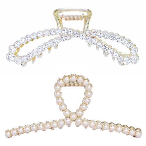 Metal Hair Clips Imitation Pearl Rhinestone Non Slip Hair Claw Clamps Barrettes Decorations for Thin Thick Hair, Crystal Bow Hairpin for Women Ladies(2 Pack)
