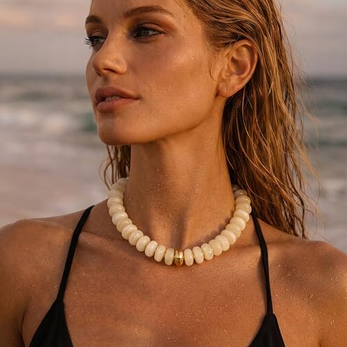 Chunky Colorful Bead Necklace Summer Fashion Statement Boho Beaded Chunky Necklace for Women Adjustable Length Lightweight Cool Suitable for Beach Vacation Daily Wear & Summer Parties - color: Beige
