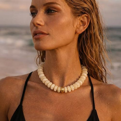 Chunky Colorful Bead Necklace Summer Fashion Statement Boho Beaded Chunky Necklace for Women Adjustable Length Lightweight Cool Suitable for Beach Vacation Daily Wear & Summer Parties - color: Beige