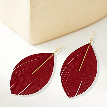 Bohemian Handmade Lightweight Color Large Genuine Soft Leather Fringe Feather Leaf Tear Dangle Drop Earrings for Women Statement - color: Red