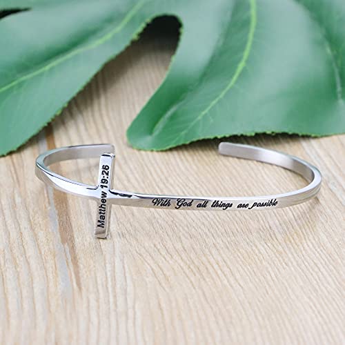 𝐂𝐫𝐨𝐬𝐬 𝐁𝐫𝐚𝐜𝐞𝐥𝐞𝐭 Religious Cuff Bangle 𝐁𝐢𝐛𝐥𝐞 𝐕𝐞𝐫𝐬𝐞 Christian Gifts Jewelry for 𝐖𝐨𝐦𝐞𝐧 - style: Silver cuff-With God all things are possible -Matthew 19:26