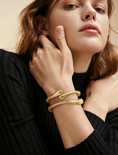 8YEARS Chunky Gold Bangle Bracelets for Women, 14k Gold Plated | Cuff Bangles, Stack Bracelet Set, Wide Trendy Fashion, Jewelry Gifts - color: A-Gold-2PCS