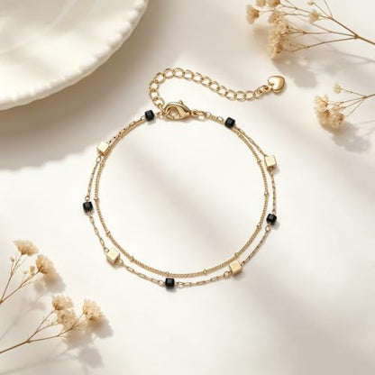 Gold Bracelets for Women Dainty 14K Gold Plated Layered Chain Bracelets Turquoise Green Aventurine Crystal Beaded Bracelets for Women - color: Black & Gold