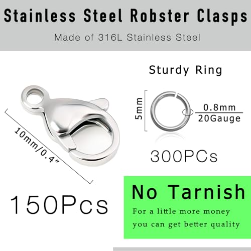 450Pcs Stainless Steel Lobster Claw Clasps & Jump Rings (10mm) | Fadeless, Waterproof, Hypoallergenic, Jewelry Making