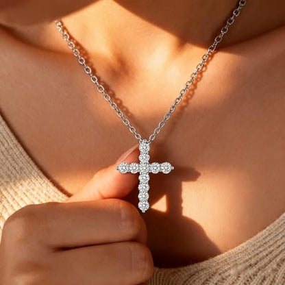 Women's Cross Pendant Necklace, 925 Sterling Silver Gold Plated with 5A Cubic Zirconia, 18"+2" Adjustable Chain, Christian Religious Jewelry Gift for Wife Daughter Mom,Birthday Gift