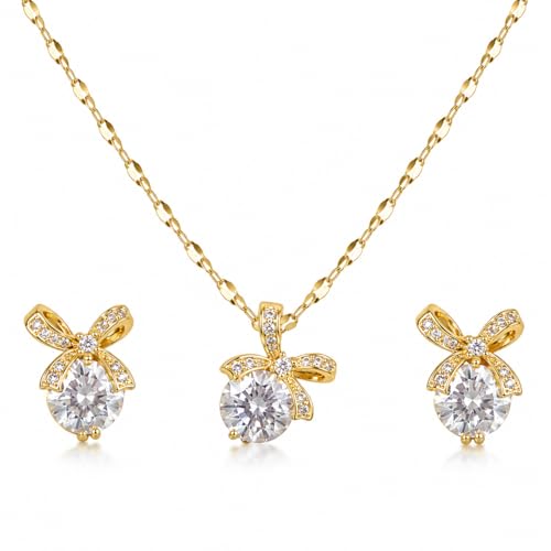 Bowknot Necklace and Earrings Set for Women Gold Plated | Ribbon Pendant, Cubic Zirconia, Sparkling Minimalist, Party Daily Wear, Birthday Gifts