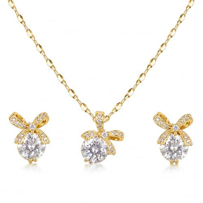 Bowknot Necklace and Earrings Set for Women Gold Plated | Ribbon Pendant, Cubic Zirconia, Sparkling Minimalist, Party Daily Wear, Birthday Gifts