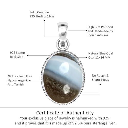Chunky Natural Gemstone Pendant Necklace For Women Onyx, Turquoise, Amber, Garnet Oval Boho Genuine 925 Sterling Silver Handmade Jewelry - color: Blue Opal