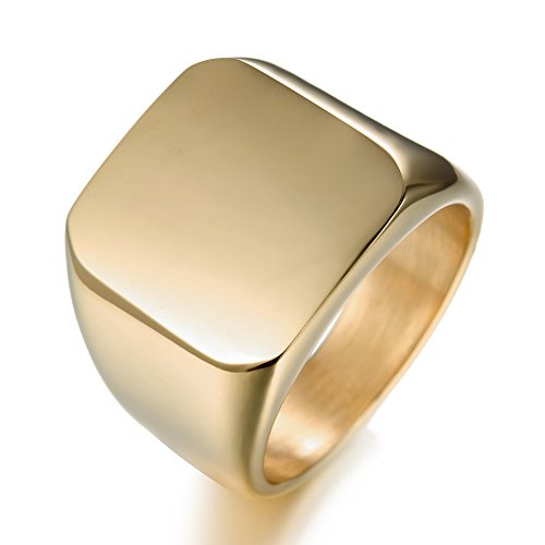Stainless Steel Signet Ring for Men Solid Square Biker Rings Matte Brushed/Polished Finish - color: Polished, Gold