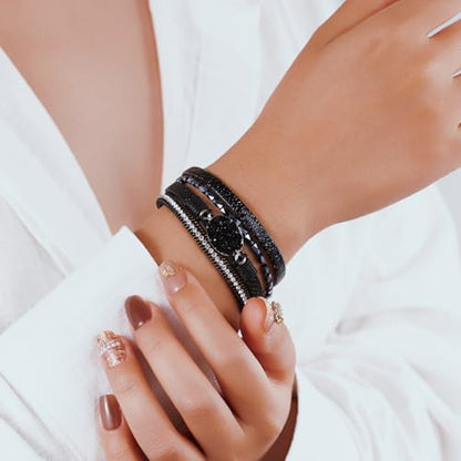Boho Leather Wrap Bracelets Beaded Stackable Cuff Bracelet Country Concert Outfits Cowboy Cowgirl Western Jewelry Gifts for Women - color: Stone-Black