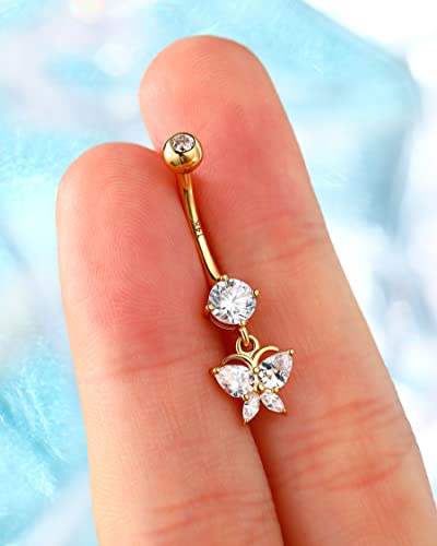 Melighting 14K Solid Gold Butterfly Belly Button Rings for Women - Dangle Belly Piercing With Clear CZ - Navel Rings for Woman Body Piercing Jewelry