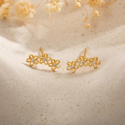 Robaice Cartilage Climber Earrings for Women，14K Gold Plated Helix Stud | Trendy Cluster Earrings, CZ Stud Earring, Tragus Conch Daith Piercing, Ear Crawer,Hypoallergenic Jewelry Gift for Women - color: G-Gold Flower