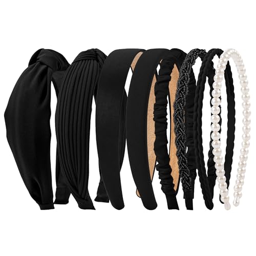 Sunolga Brown Headbands for Women Girls Non Slip Floral Padded Hairbands | Knotted Hairband, Lightweight, No-Teeth Comfort, Headbands for Daily Wear, Parties, Gifts Hair Accessories - color: 8Pack-Black1