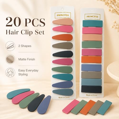 Bphne 20 Pcs Matte Non-Slip Snap Hair Clips for Women, Solid Teardrop & Rectangle Barrettes, Small Metal Pins for Thin Fine Hair, No Crease Lightweight for Everyday Makeup - color: Solid