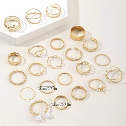 22Pcs Gold Plated Knuckle Rings Set for Women,Boho Dainty Stackable Joint Finger Midi Ring Pack Simple Cute Pearl Butterfly Heart Rings Adjustable Statement Jewelry Mixed Size - color: Gold