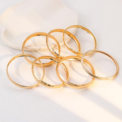 Gold Bangle Bracelets for Women, 14k Gold Plated Multi Layer Textured Stackable Open Bracelet Set Boho Indian Bangles Stackable Set Trendy Elegance Charms Non Tarnish Minimalist Bangle Pack - style: Gold 7PcsWide