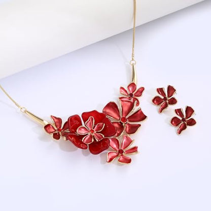 Chunky Statement Jewelry Set Vintage Retro Leaf Flower Floral Geometric Bohemian Boho Bib Necklace Earring Set Fashion Costume Jewelry for Women Girls Wedding Party Prom Unique Gift - style: 5 petal flower JS gold red